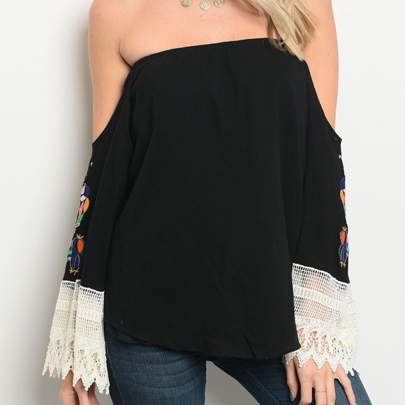 LAST Black Embroidered Off Shoulder Top - Picture 2 of 3